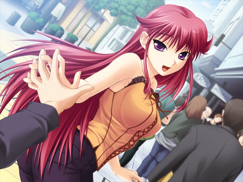 00s, 1girl, game_cg, holding_hands, kimi_ga_aruji_de_shitsuji_ga_ore_de, long_hair, looking_at_viewer, pov