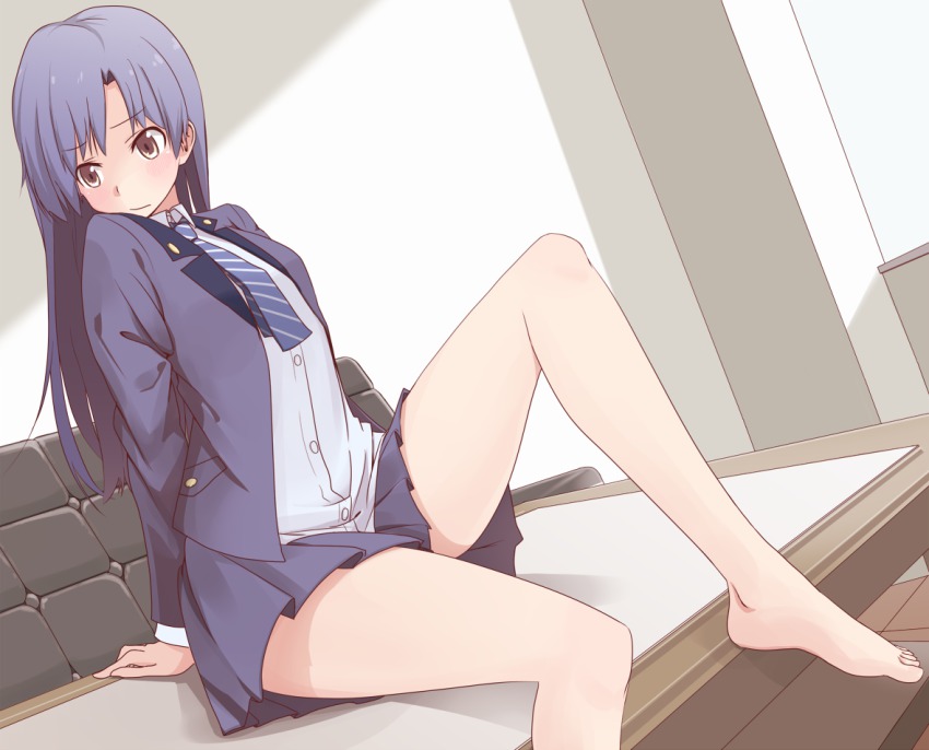 1girl, arm_support, bare_legs, barefoot, blue_hair, blush, dutch_angle, ekusiregaia
