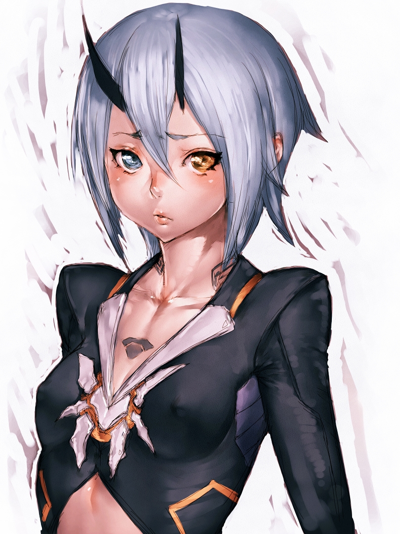 1girl, blue_eyes, bodypaint, breasts, covered_erect_nipples, dewman, deuman, eyebrows, female_focus, fumio_(rsqkr), heterochromia, horns, io_(pso2), lips, looking_at_viewer, phantasy_star, phantasy_star_online_2, short_hair, silver_hair, small_breasts, solo, tattoo, yellow_eyes