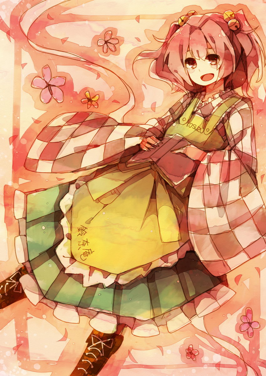 1girl, :d, apron, bad_id, bad_pixiv_id, bell, book, boots