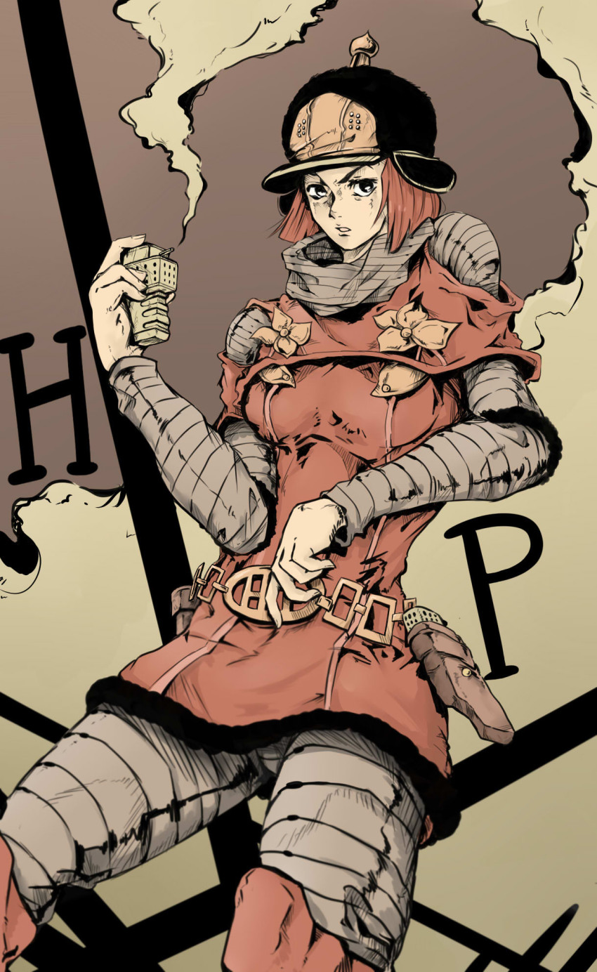 1girl, baketanisemono, beige_background, belt, black_eyes, capelet, cowboy_shot, cream_starter_(stand), expressionless, eyelashes, female_focus, hat, highres, hiiro_(baketanisemono), hot_pants_(sbr), jewelry, jojo_no_kimyou_na_bouken, looking_at_viewer, pink_hair, ring, serious, short_hair, simple_background, sketch, solo, steel_ball_run