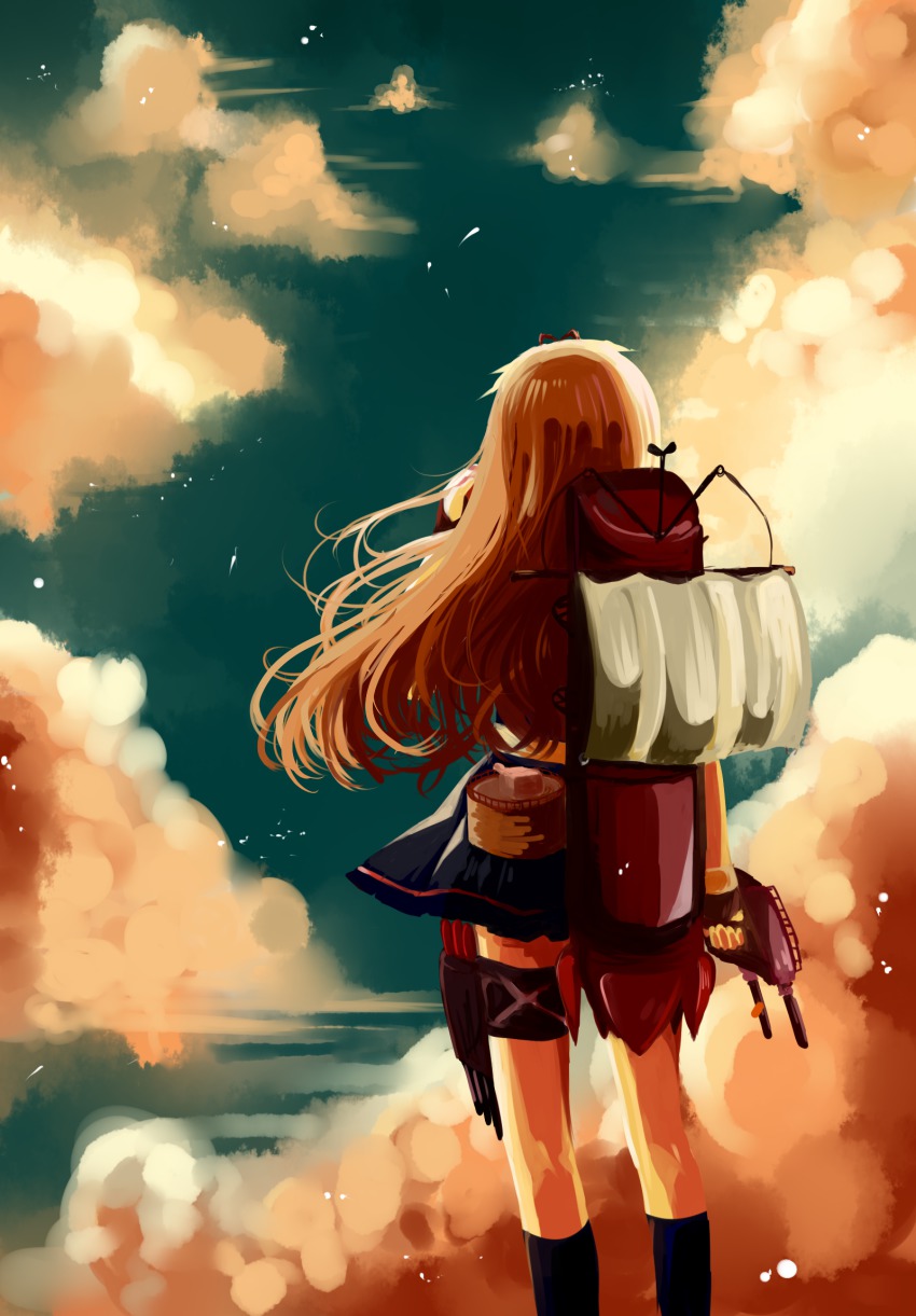10s, 1girl, back, bad_id, bad_pixiv_id, blonde_hair, bow, cannon, cloud, female_focus, gloves, hair_bow, hair_ornament, hair_ribbon, highres, kantai_collection, long_hair, messy_hair, nonoo_(112nonoka), personification, ribbon, school_uniform, serafuku, ship_turret, short_sleeves, skirt, sky, solo, torpedo, yuudachi_(kancolle)