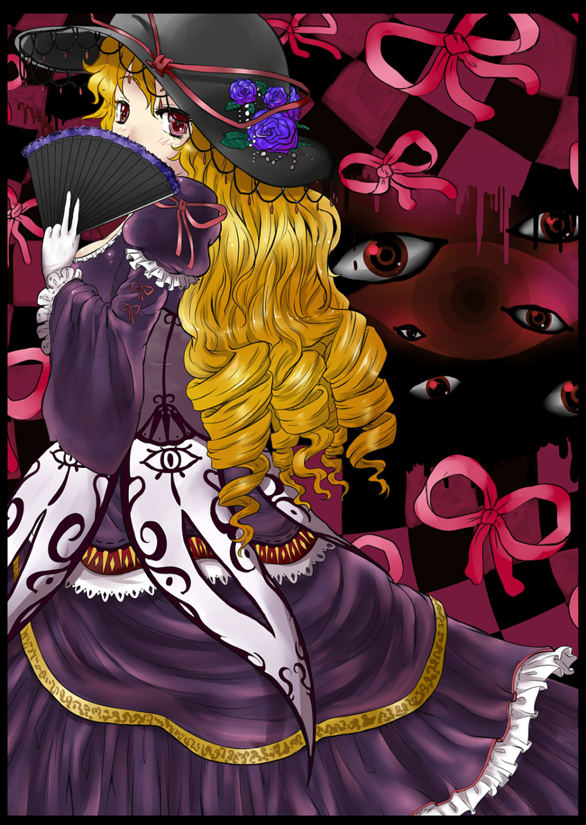 1girl, alternate_color, bad_id, bad_pixiv_id, blonde_hair, bow, covering_own_mouth, dress