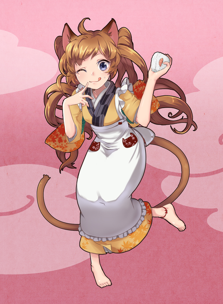 1girl, :p, animal_ears, anklet, apron, ayakashi_hyakkiyakou, barefoot, blue_eyes