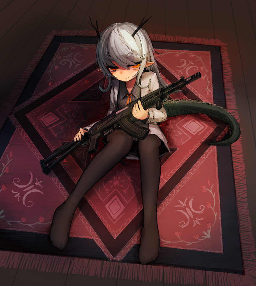 1girl, :>, ak-104, antlers, bee_(deadflow), carpet, coat, dragon_girl, dragon_tail, female_focus, from_above, glowing, glowing_eyes, grey_hair, highres, horns, kuryuu_kohaku, long_hair, noconol's_dragon_girl, orange_eyes, original, pantyhose, pinstripe_pattern, pinstripe_shirt, pointy_ears, rug, shirt, sitting, slit_pupils, smile, solo, striped_clothes, striped_shirt, tail, thick_eyebrows, vertical-striped_clothes, vertical-striped_shirt, wooden_floor