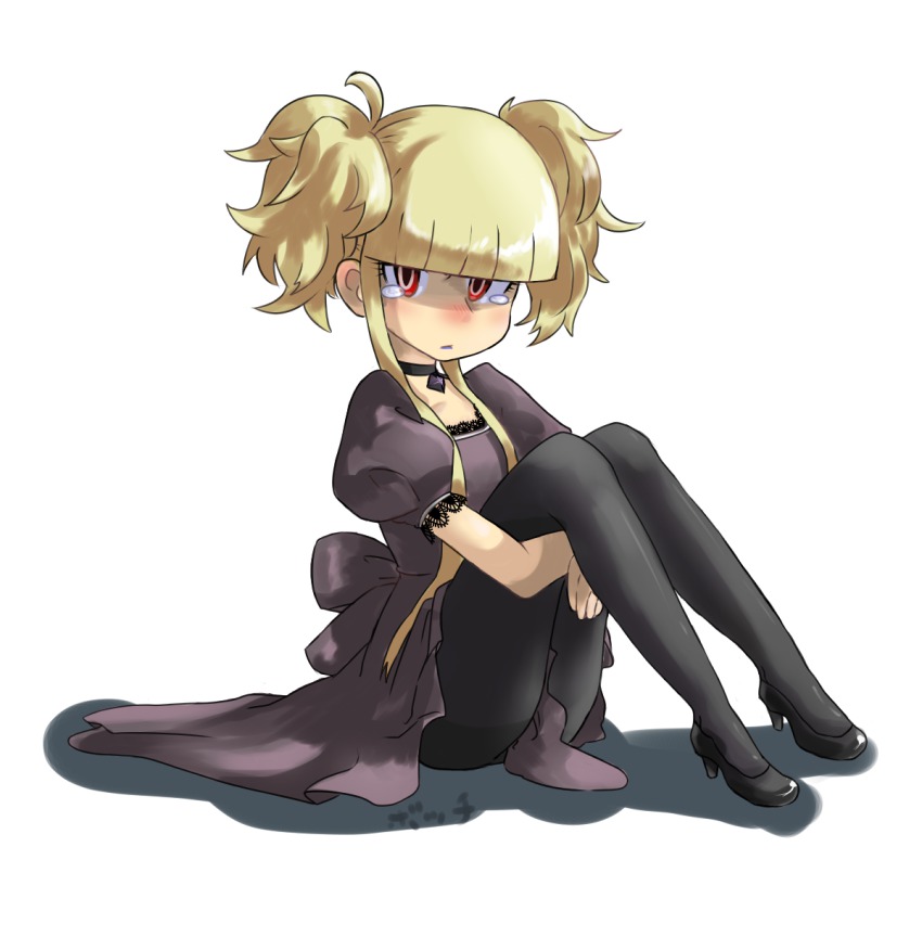 10s, 1girl, aoki_hagane_no_arpeggio, bad_id, bad_pixiv_id, blonde_hair, choker, dress, female_focus, highres, kongou_(aoki_hagane_no_arpeggio), lipstick, long_hair, makeup, pantyhose, personification, red_eyes, samochau, short_sleeves, solo, sulking, syokuyouken, twintails