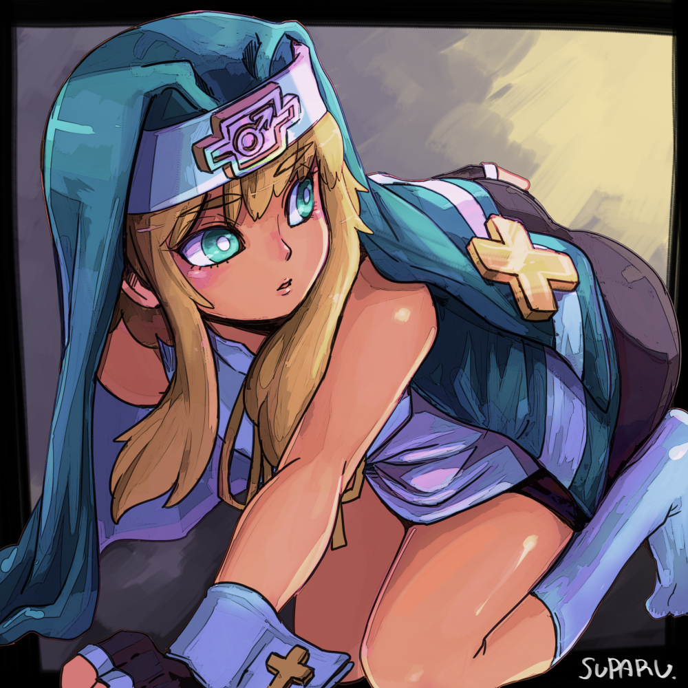 1boy, bike_shorts, blonde_hair, bridget_(guilty_gear), fingerless_gloves, gloves, green_eyes, guilty_gear, guilty_gear_xx, habit, kneeling, long_hair, male_focus, mars_symbol, nun_headdress, socks, solo, suparu_(detteiu), trap, wrist_cuffs