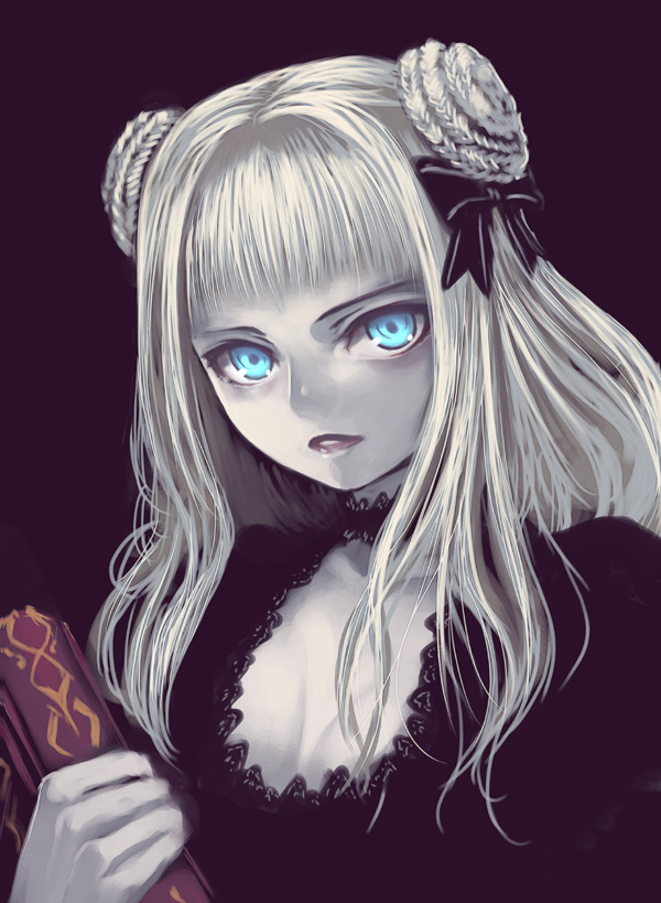 blue_eyes, bow, collar, long_hair, pale_skin, poison_pink, silver_hair, solo