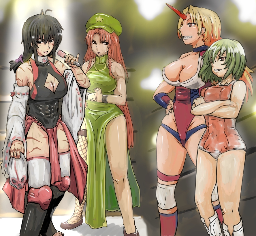 4girls, abs, adapted_costume, black_eyes, black_hair, blonde_hair, blood, blood_on_clothes, boots, braid, breasts, brown_eyes, chinese_clothes, cleavage, cleavage_cutout, clothing_cutout, cracking_knuckles, detached_sleeves, fishnet_legwear, fishnets, green_hair, grin, hat, hong_meiling, horns, hoshiguma_yuugi, kazami_yuuka, knee_boots, knee_pads, kongari_tokei, large_breasts, long_hair, m.u.g.e.n, mask, microphone, multiple_girls, muscular, muscular_female, one-piece_swimsuit, oni, original, pinky_out, red_hair, scar, sendai_hakurei_no_miko, sendai_hakurei_no_miko_(m.u.g.e.n), short_hair, single_horn, single_thighhigh, smile, star_(symbol), swimsuit, thighhighs, touhou, twin_braids, unworn_mask, very_long_hair, white_one-piece_swimsuit, wrestling_mask, wrestling_outfit, wrestling_ring