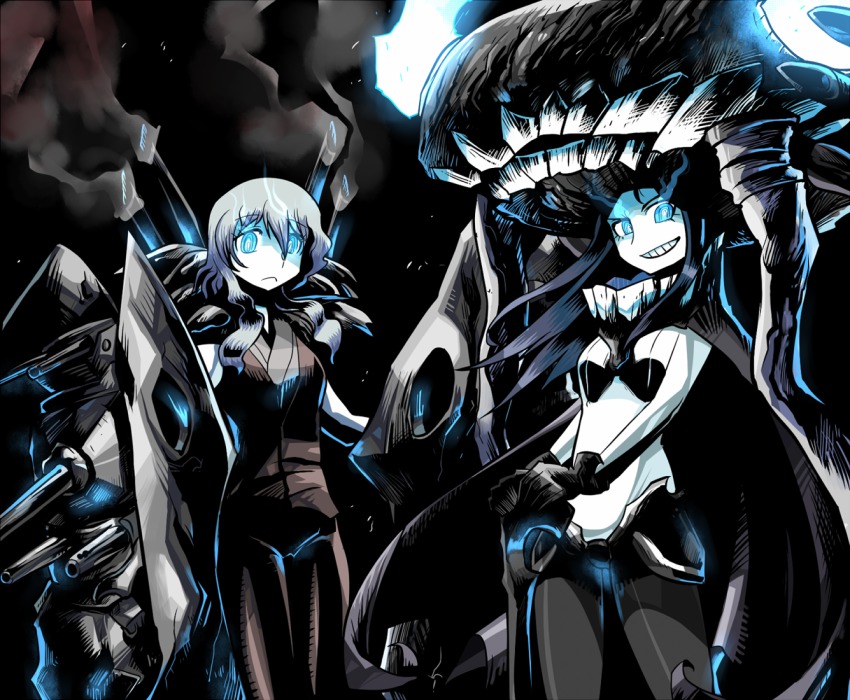 2girls, abyssal_ship, black_gloves, black_hair, blue_eyes, bodysuit, cannon, cape