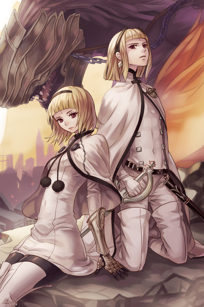 1boy, 1girl, blonde_hair, blood, boots, brother_and_sister, brother_one, cape, coat, drag-on_dragoon, drag-on_dragoon_3, dragon, gabriella_(drag-on_dragoon), one_(drag-on_dragoon), red_eyes, short_hair, siblings, spoilers, sword, twins, weapon