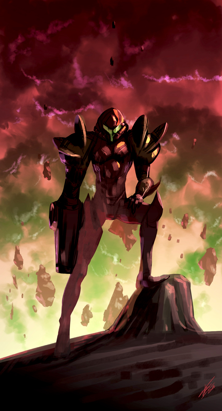 10s, 1girl, 2011, arm_cannon, armor, female_focus, floating_rock, floating_rocks