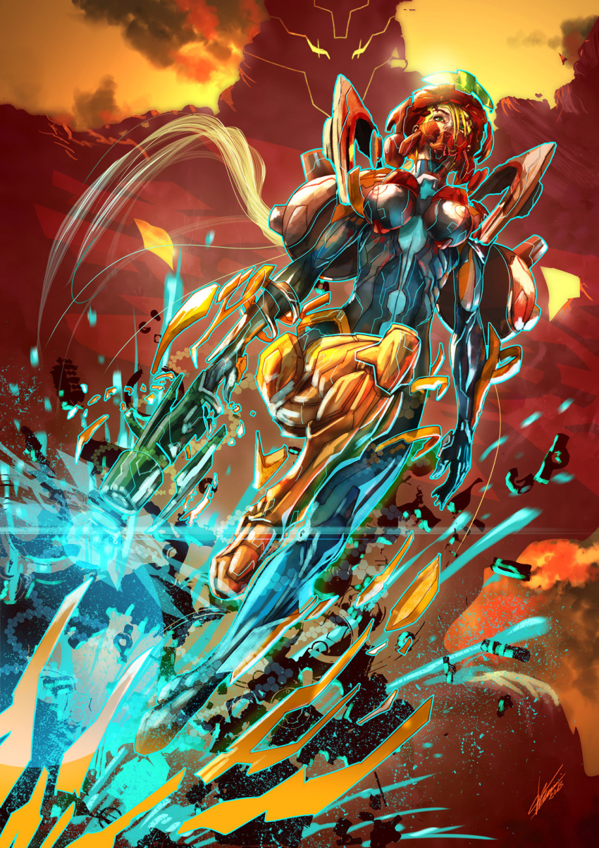 1girl, arm_cannon, blonde_hair, blue_eyes, bodysuit, breasts, covered_erect_nipples, digital_dissolve, energy_ball, female_focus, helmet, highres, large_breasts, long_hair, metroid, nintendo, power_suit_(metroid), samus_aran, solo, tommaso_renieri, varia_suit, weapon, zero_suit