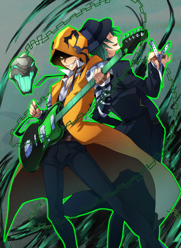 2boys, blazblue, chain, closed_eyes, fedora, formal_clothes, green_hair, guitar