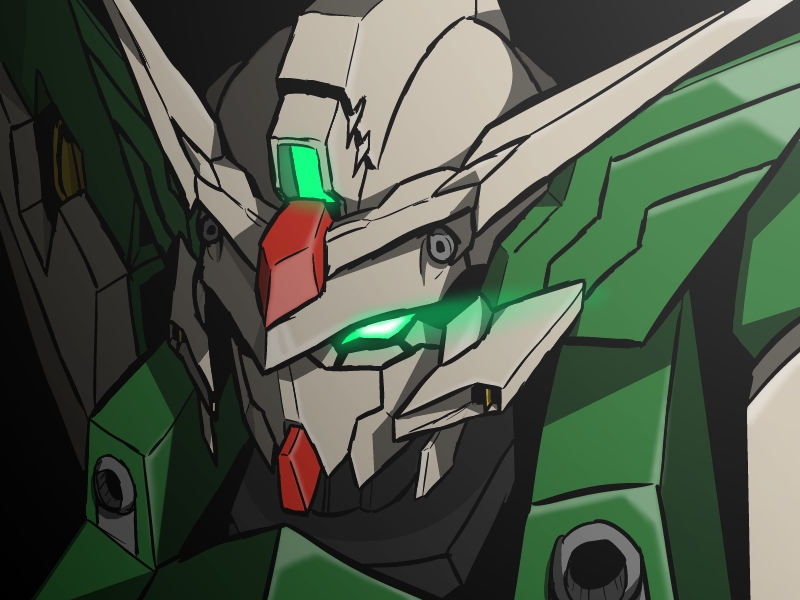10s, black_background, glowing, glowing_eyes, green_eyes, gundam, gundam_build_fighters, mecha