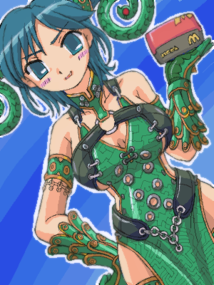 animification, bare_shoulders, blue_eyes, burger, food, grin, juuken_sentai_gekiranger, lowres