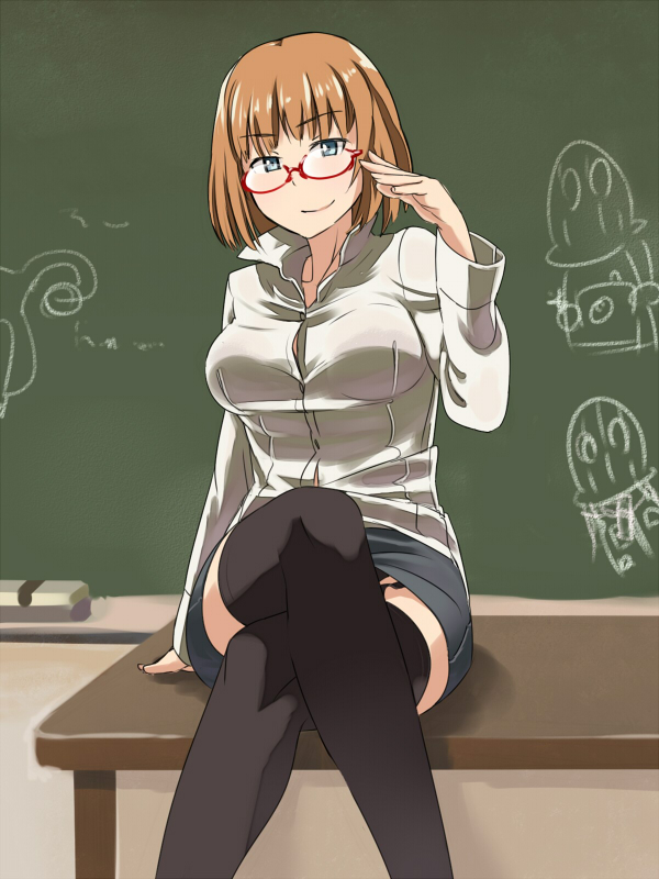 10s, 1girl, bespectacled, blue_eyes, brave_witches, camera, chalkboard, classroom, cross-section, crossed_legs, drawing, female_focus, garter_straps, glasses, gundula_rall, looking_at_viewer, orange_hair, ovaries, school, short_hair, sitting, ski_mask, smile, solo, strike_witches, teacher, thighhighs, underwear, uno_ichi, uterus, world_witches_series