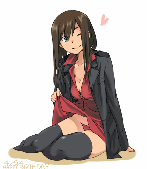 1girl, aqua_eyes, arm_support, breasts, brown_hair, cleavage, clothes_lift, federica_n._doglio
