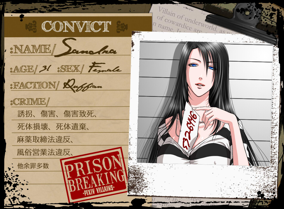 1girl, akemi_(wkd4496cxc), between_breasts, black_hair, blue_eyes, breasts, card, card_between_breasts, character_name, character_profile, cleavage, collarbone, english_text, female_focus, fingernails, hair_between_eyes, large_breasts, lips, long_hair, looking_at_viewer, parted_lips, photo_(object), pixiv_no_ankokugai, prison_clothes, sandra_(pixiv_no_ankokugai), shadow, shirt, solo, striped_clothes, striped_shirt, text_focus, translation_request, upper_body