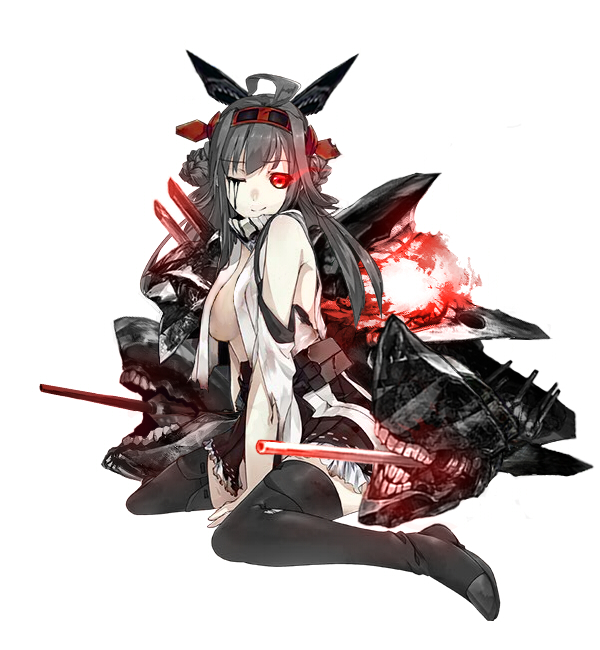 10s, 1girl, abyssal_ship, ahoge, alternate_hair_color, black_sclera, breasts, cannon