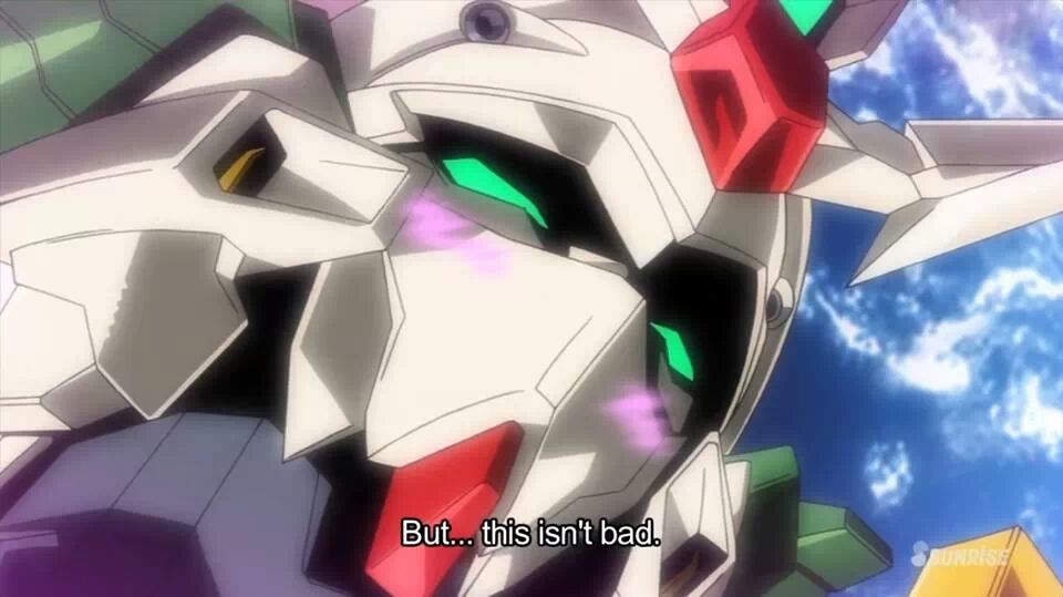 10s, anime_screenshot, blue_sky, blush, cloud, gundam, gundam_build_fighters, mecha