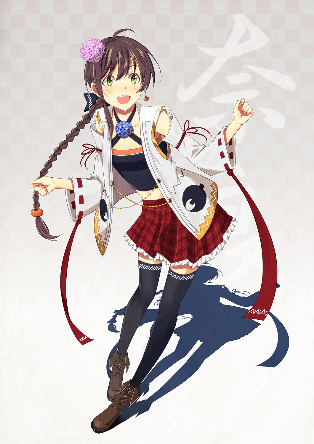 1girl, black_thighhighs, bow, braid, brown_hair, female_focus, flower, hair_bow, hair_flower, hair_ornament, highres, locadol_promotion, long_hair, nara_prefecture, open_mouth, original, shadow, shoes, skirt, smile, solo, teru_(grafroller), thighhighs, zettai_ryouiki