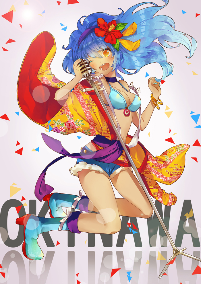 1girl, amksr417, bikini, bikini_top_only, blue_eyes, boots, cutoffs, denim