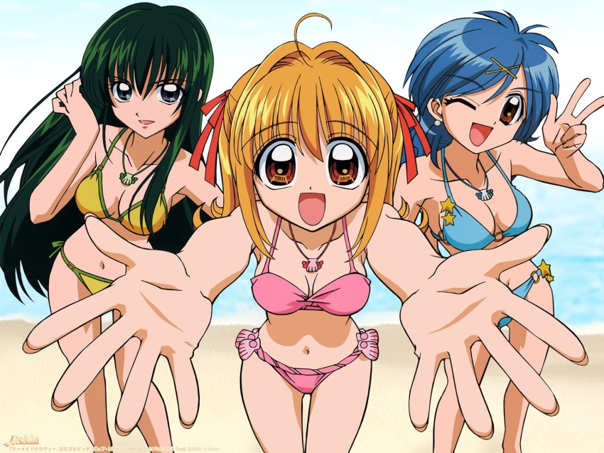 00s, 2004, 3girls, :d, ;d, ahoge, bare_legs, bare_shoulders
