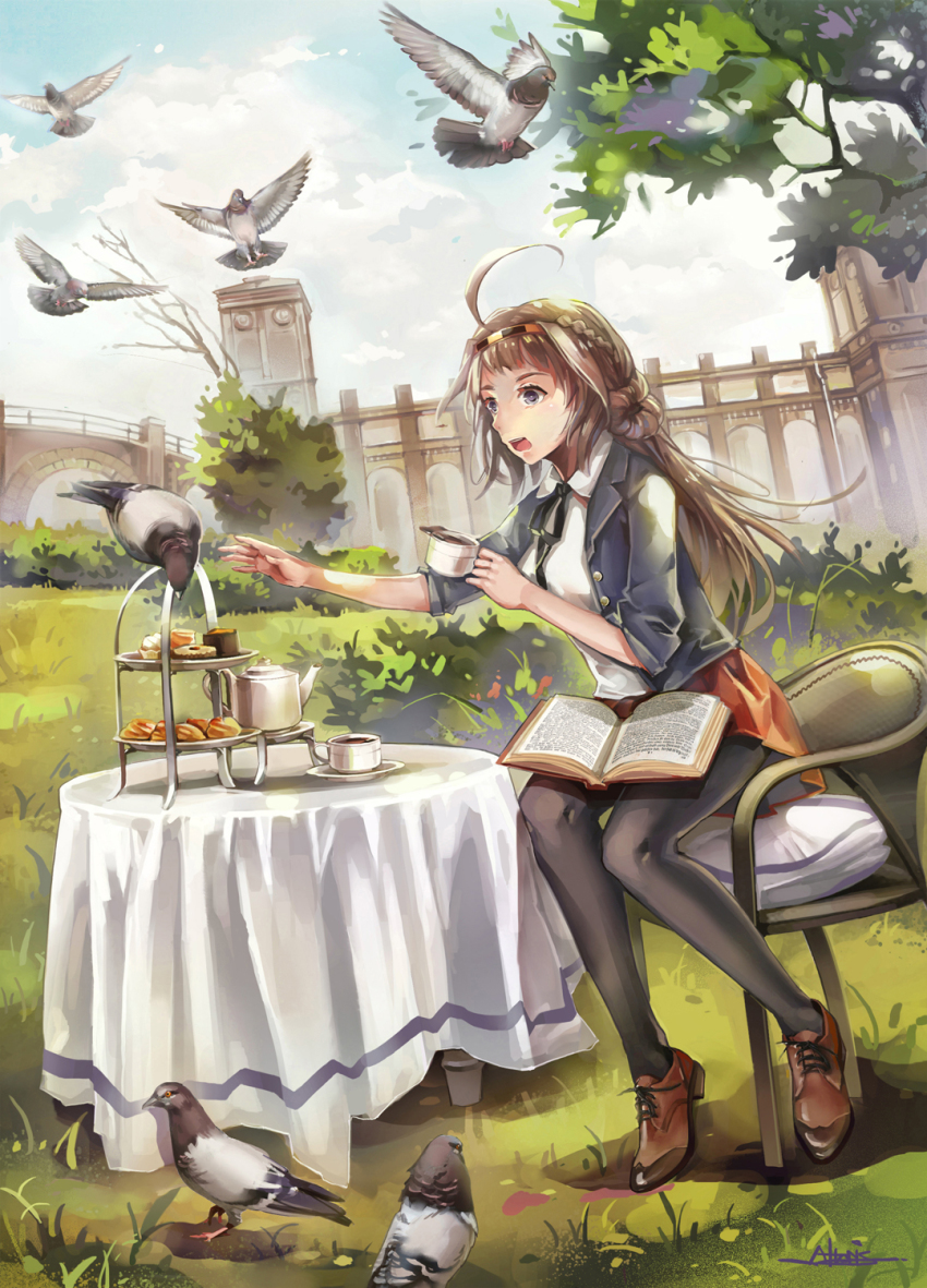 10s, 1girl, alternate_costume, altoris_(scee), artist_name, bird, black_pantyhose, blue_eyes, blush, book, breasts, bridge, brown_hair, building, chair, clock, clock_tower, cloud, cup, day, double_bun, female_focus, food, grass, hair_bun, hair_ornament, hairband, headgear, highres, jacket, kantai_collection, kongou_(kancolle), long_hair, md5_mismatch, neckerchief, necktie, nontraditional_miko, open_mouth, outdoors, pantyhose, pastry, personification, pigeon, plate, school_uniform, shoes, sitting, skirt, sky, solo, table, tablecloth, teacup, teapot, tiered_serving_stand, tiered_tray, tower, tree