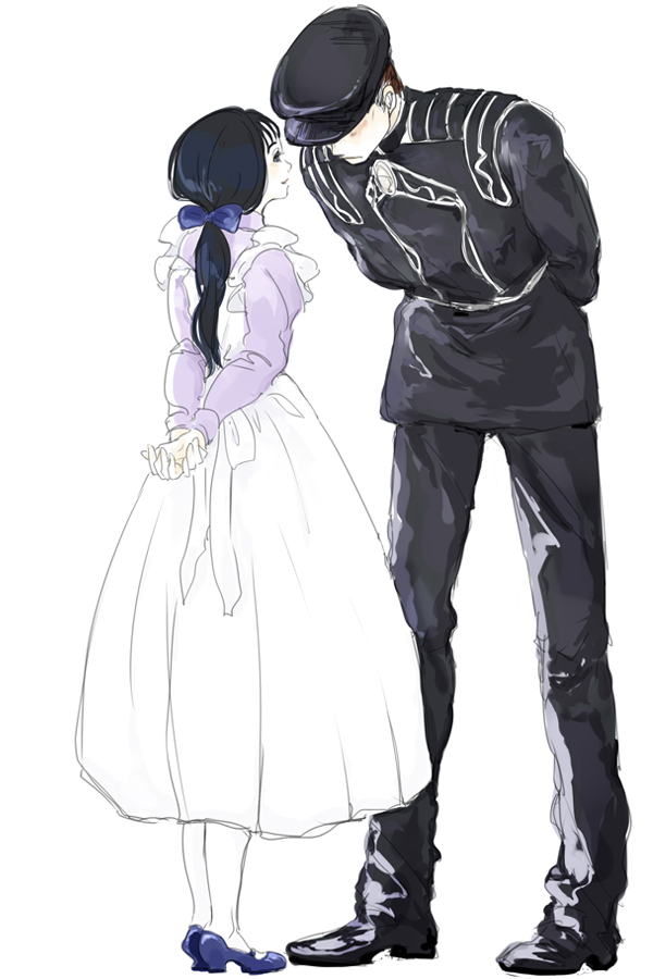 1boy, 1girl, apron, black_hair, blush, brown_hair, couple, dress, ginga_eiyuu_densetsu, hat, hetero, long_hair, manly, marika_von_feuerbach, military, military_uniform, navel100per, ponytail, ribbon, short_hair, ulrich_kessler, white_legwear