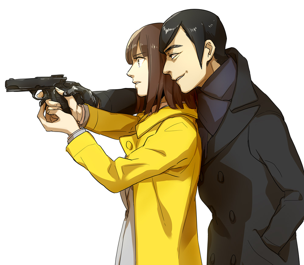 1boy, 1girl, aiming, black_hair, brown_hair, formal_clothes, gun, handgun