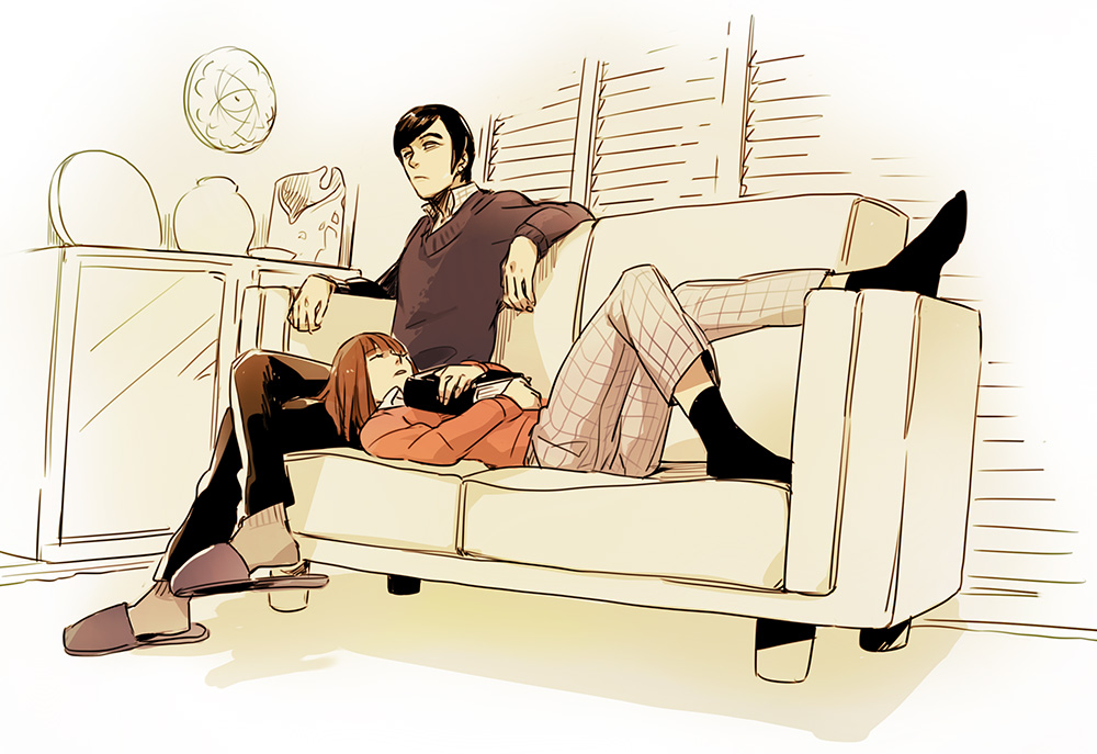 1boy, 1girl, black_hair, window_blinds, book, brown_hair, couch, closed_eyes