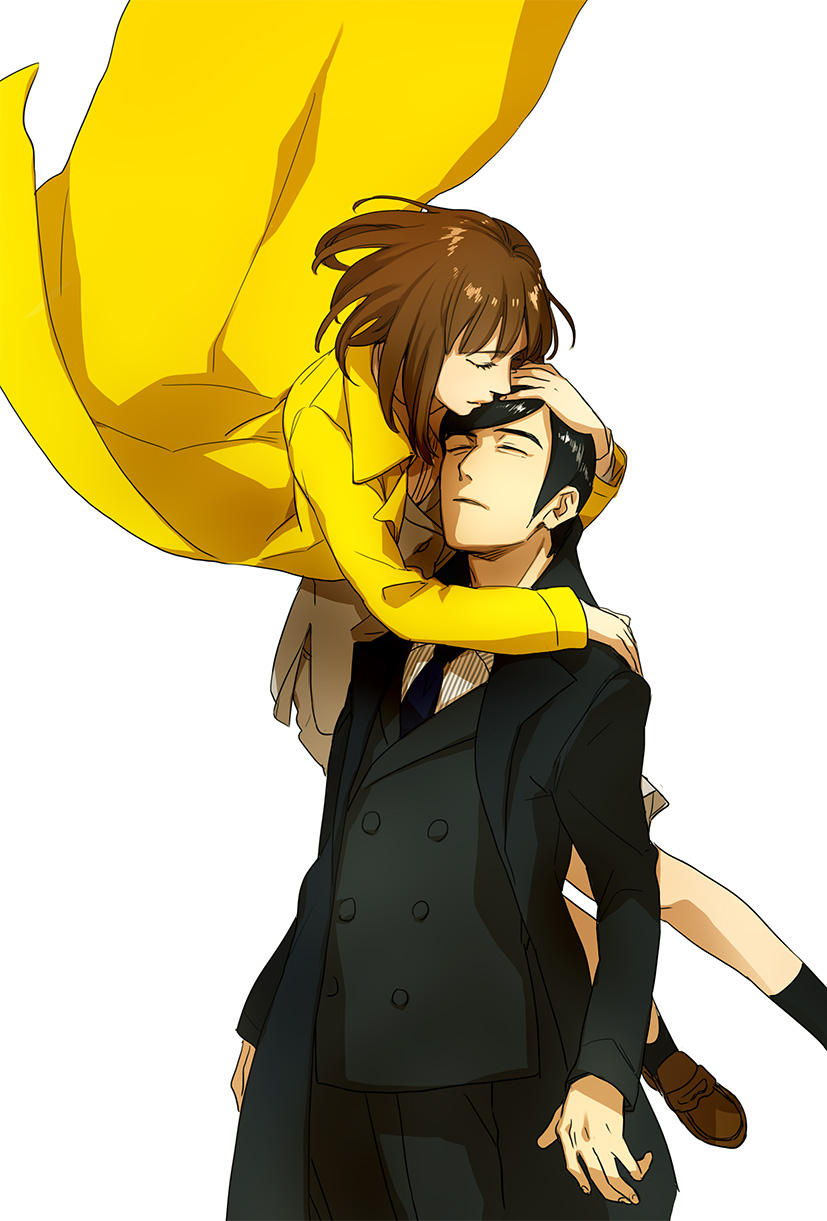 1boy, 1girl, black_hair, brown_hair, closed_eyes, floating, formal_clothes, hetero