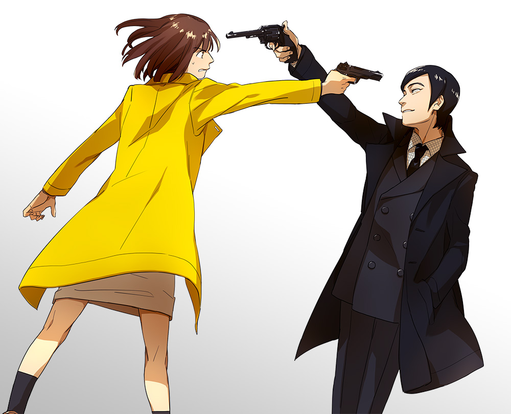 1boy, 1girl, black_hair, brown_hair, formal_clothes, gun, handgun, i_(kaiyou), kneehighs, komikado_kensuke, legal_high, long_coat, long_hair, mayuzumi_machiko, necktie, pistol, revolver, short_hair, socks, suit, weapon