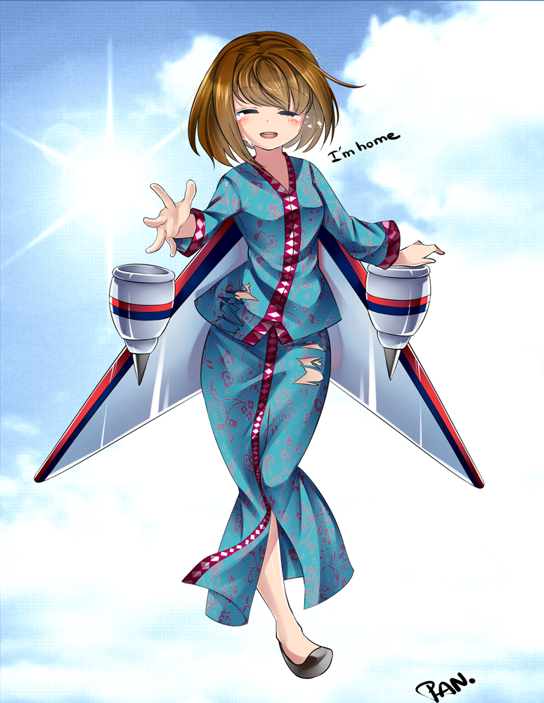 1girl, breasts, brown_hair, closed_eyes, cloud, commentary, crying, english_text, female_focus, flight_attendant, formal_clothes, happy, happy_tears, kashi_kosugi, leg_lift, lens_flare, malay_clothing, malaysia, malaysia_airlines, malaysia_airlines_flight_370, mecha_musume, open_mouth, original, outdoors, outstretched_hand, pencil_skirt, personification, revision, shirt, shoes, short_hair, signature, skirt, skirt_suit, sky, small_breasts, smile, solo, suit, sun, tears, thigh_gap, torn_clothes, torn_skirt, travel_attendant, wings