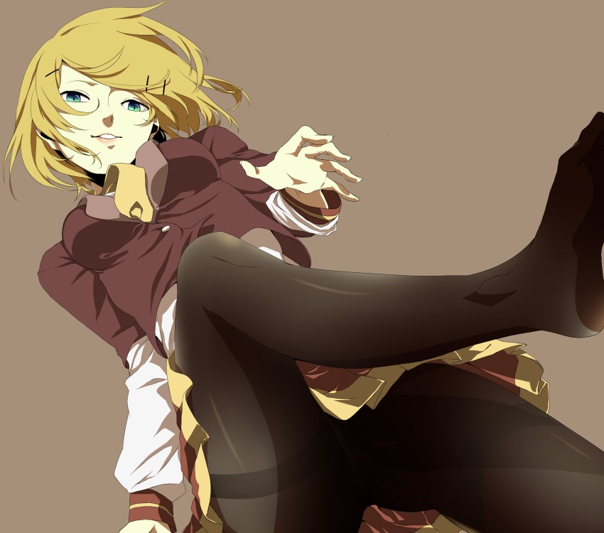 1girl, aqua_eyes, bad_id, bad_pixiv_id, black_pantyhose, blonde_hair, feet, female_focus, hair_ornament, hairclip, highres, kagamine_rin, pantyhose, parted_lips, sa_tsuko, short_hair, simple_background, solo, thighband_pantyhose, kagamine_rin_(trad_school), vocaloid