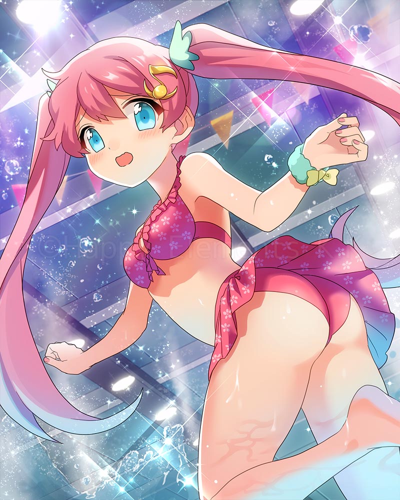 1girl, ass, barefoot, bikini, bikini_skirt, blue_eyes, blush, diffraction_spikes, ensemble_girls!, female_focus, floral_print, frilled_bikini, frills, front-tie_top, hair_ornament, hairclip, hamori_tsubasa, long_hair, looking_back, musical_note, nail_polish, official_art, open_mouth, original, pink_hair, shiny_skin, solo, splashing, swimsuit, twintails, watermark, wet