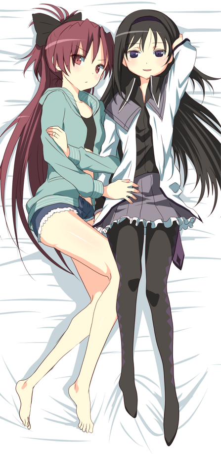 10s, 2girls, akemi_homura, akemi_homura_(magical_girl), arm_hug, arm_up, bare_legs, barefoot