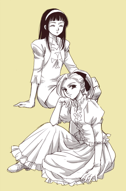 10s, 2girls, dress, guila, hair_ornament, hair_ribbon, hairband, jericho_(nanatsu_no_taizai), long_hair, monochrome, multiple_girls, nanatsu_no_taizai, pesu, ponytail, puffy_sleeves, ribbon, short_hair, simple_background, sitting, skirt, yellow_background