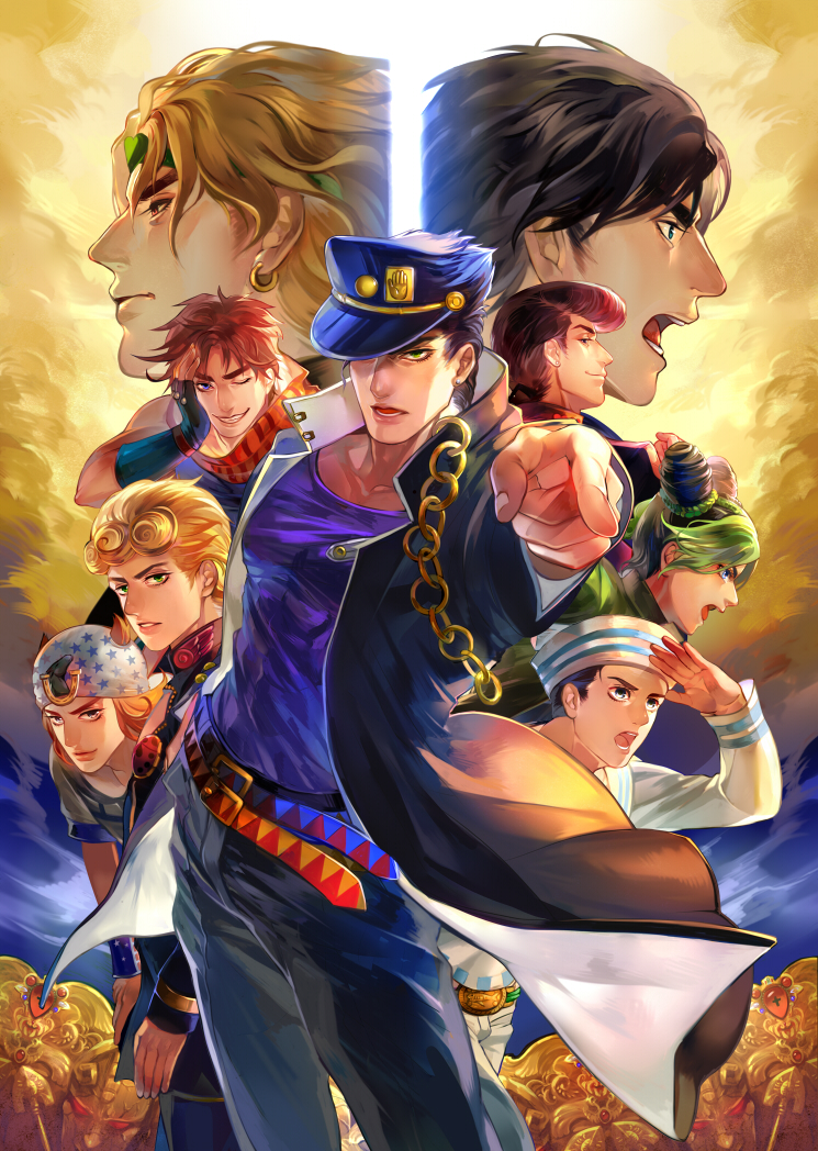 1girl, 6+boys, ;d, arm_up, backlighting, bad_id, bad_pixiv_id, bandana