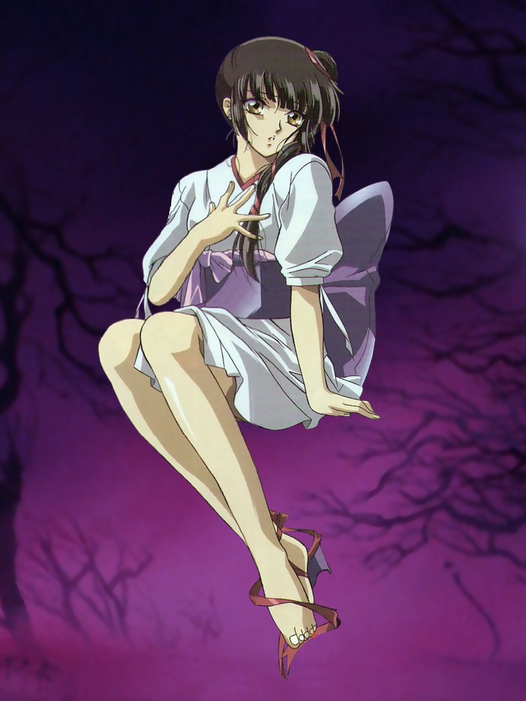 1990s_(style), 1girl, ankle_ribbon, barefoot, black_hair, blunt_bangs, braid, female_focus, hair_bun, japanese_clothes, kakinouchi_narumi, kimono, leg_ribbon, looking_at_viewer, miyu_(vampire_princess_miyu), purple_background, retro_artstyle, ribbon, single_hair_bun, single_side_bun, solo, vampire_princess_miyu