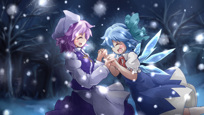 2girls, apron, bad_id, bad_pixiv_id, blue_hair, blush, bow, cirno, cue_(lindwrum), dress, female_focus, forest, hair_bow, hat, ice, ice_wings, letty_whiterock, light_purple_hair, long_sleeves, multiple_girls, nature, open_mouth, outdoors, plant, purple_hair, ribbon, scarf, short_hair, short_sleeves, skirt, sky, smile, snow, snowing, touhou, vest, wings