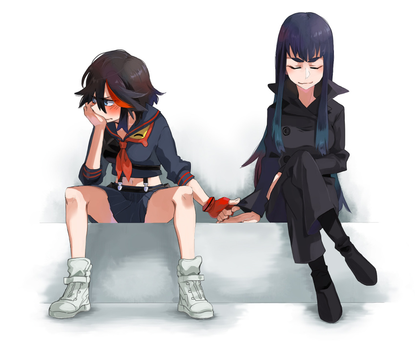 10s, 2girls, black_hair, blue_eyes, blush, boots, closed_eyes, clothes_grab