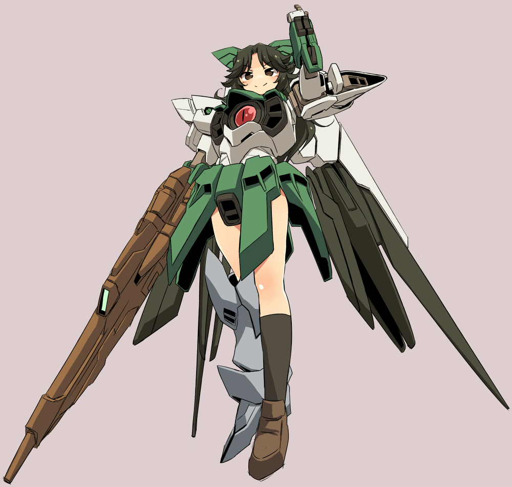 10s, 1girl, alternate_weapon, alternate_wings, arm_cannon, black_hair, bow, brown_eyes, female_focus, grey_background, gundam, gundam_build_fighters, hair_bow, mecha_musume, mechanical_wings, reiuji_utsuho, simple_background, smile, solo, third_eye, touhou, weapon, wing_gundam_fenice, wing_gundam_fenice_rinascita, wings, yudepii