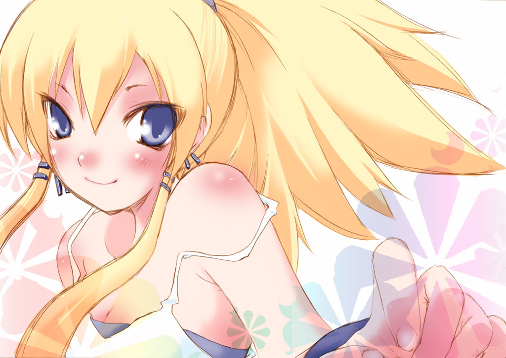 1girl, bare_shoulders, bemani, blonde_hair, blue_eyes, blush, breasts, cleavage, gitadora, female_focus, fujisaki_hikari, kosaka_riyu, large_breasts, long_hair, ponytail, solo