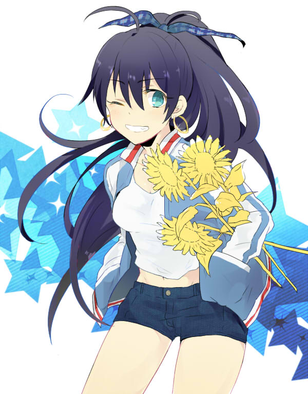 1girl, black_hair, blue_eyes, earrings, female_focus, flower, ganaha_hibiki, grin