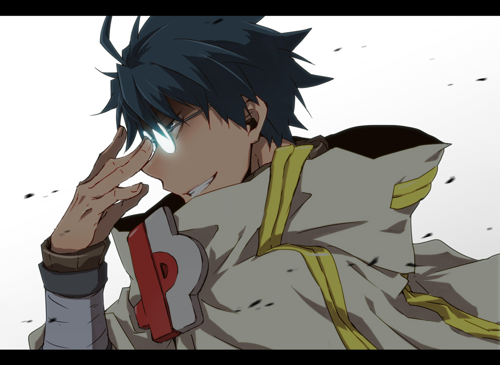 10s, 1boy, adjusting_eyewear, blue_eyes, blue_hair, cloak, evil_grin, evil_smile