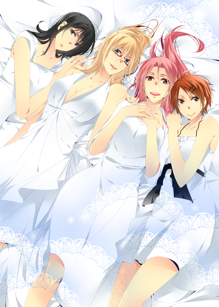 4girls, aida_riko, akizuki_(edss), alexandra_garcia, araki_masako, black_eyes, black_hair, blonde_hair, blue_eyes, breasts, brown_eyes, brown_hair, cleavage, dress, hair_ornament, hairclip, kuroko_no_basuke, long_hair, momoi_satsuki, multiple_girls, pink_eyes, pink_hair, short_hair