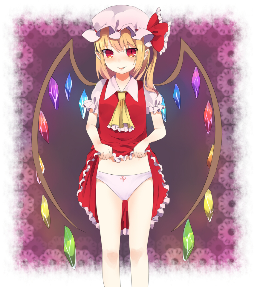 1girl, blonde_hair, blush, bow, clothes_lift, female_focus, flandre_scarlet, hachimitsu_ame_(phoenix)