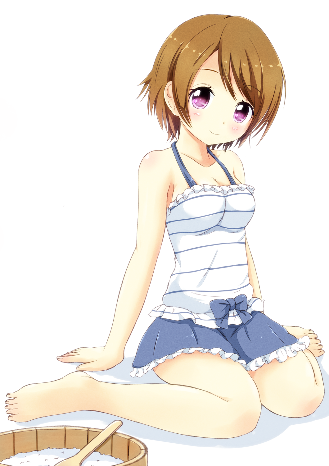 10s, 1girl, bad_id, bad_pixiv_id, bare_shoulders, barefoot, blush, bowl